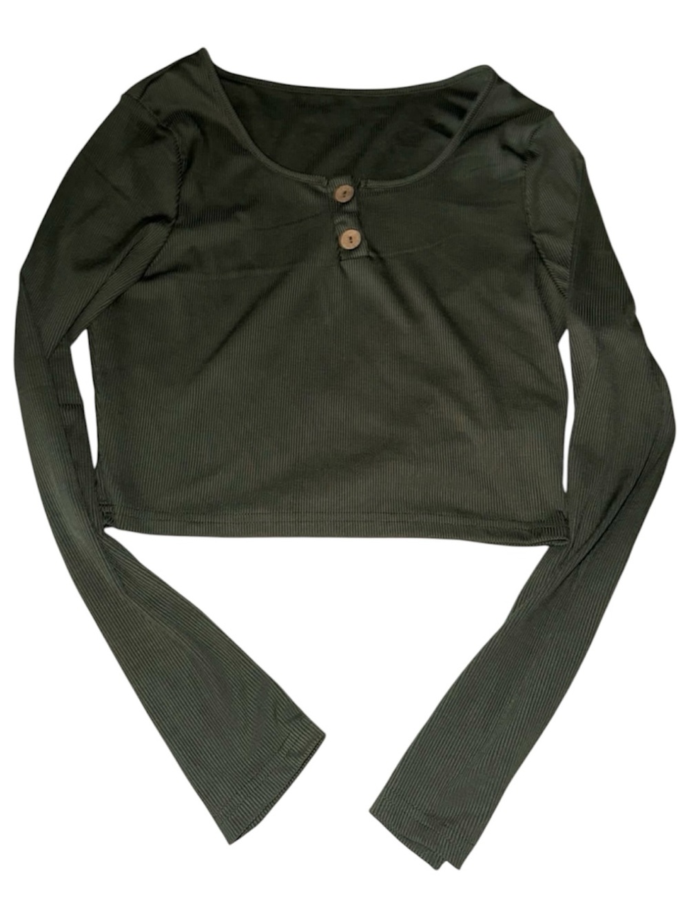 Long Sleeve Ribbed Crop Top - Olive Green